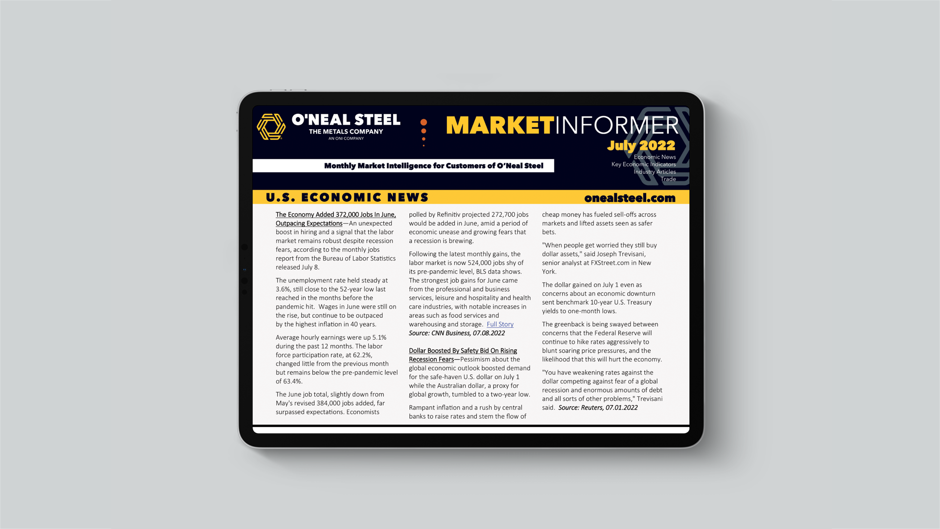 July 2022 O'Neal Steel Market Informer displayed on iPad