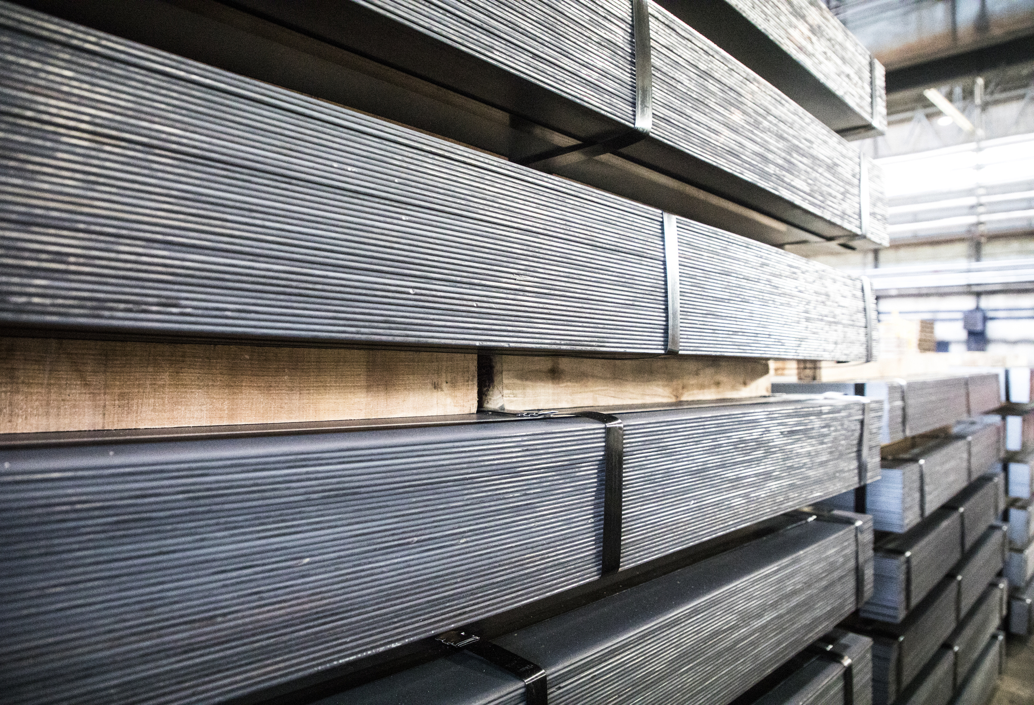 Stainless steel sheet metal stacked in warehouse