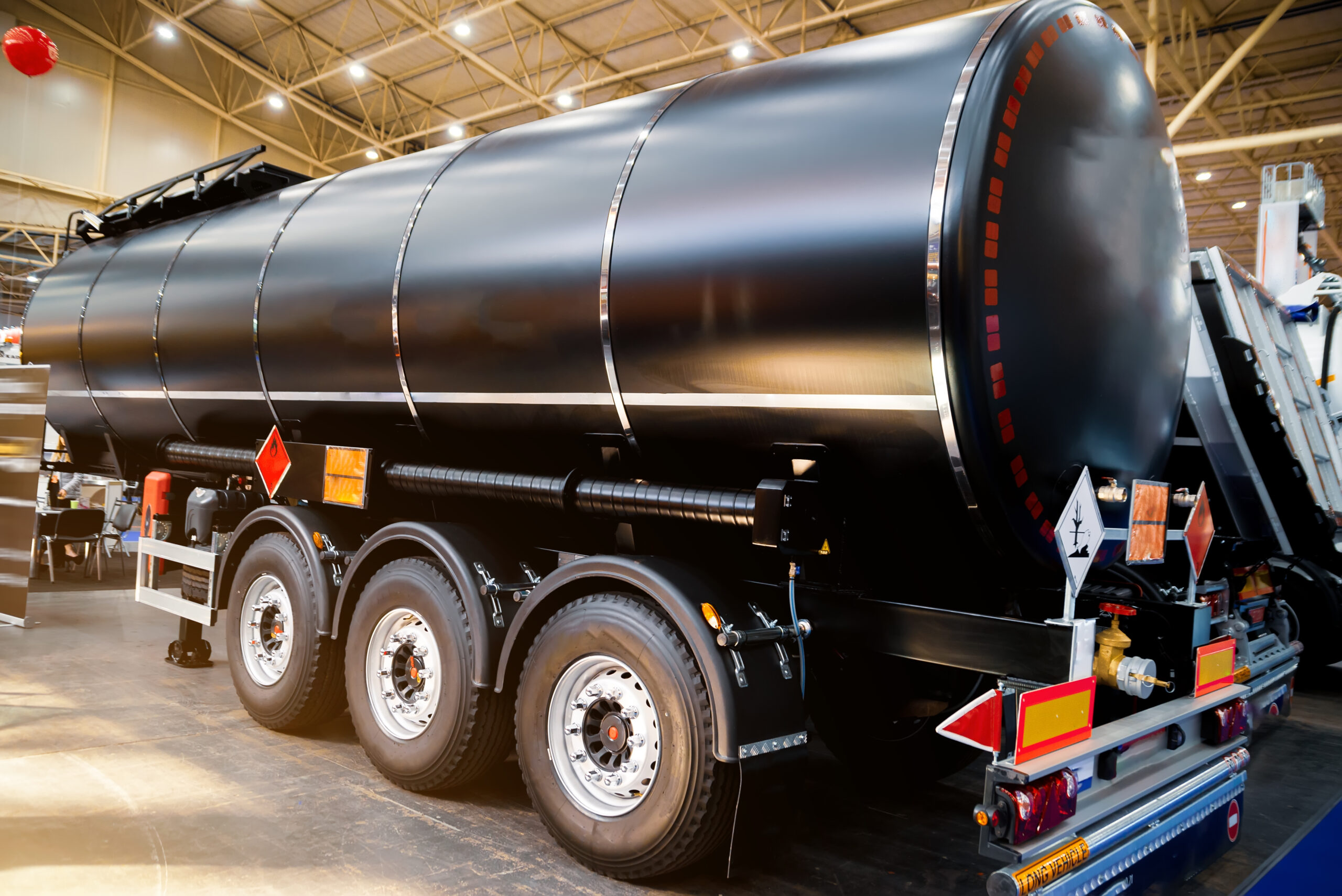 Stainless steel tank semi trailer for transportation of petroleum products being manufactured inside factory